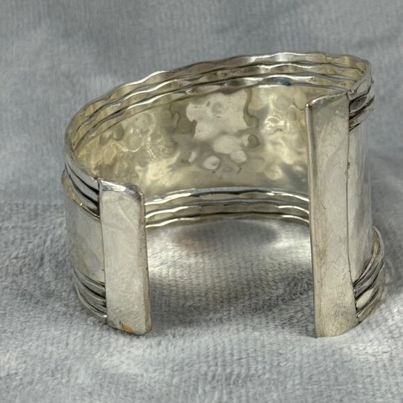 Hammered Silver Tone Metal Cuff Bracelet Asymmetrical Textured Adjustable Fit - Picture 8 of 16